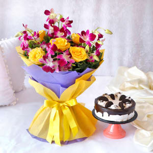 Orchid N Yellow Roses Bunch & Oreo Cake